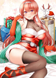 1girl ass belt black_belt black_thighhighs breasts christmas dress earrings elbow_gloves feather_earrings feathers fur-trimmed_dress fur_trim gift gloves goat hairband heart high_heels jewelry kantai_collection large_breasts long_hair looking_at_viewer nevada_(kancolle) open_mouth red_eyes red_footwear red_gloves red_hair rui_shi_(rayze_ray) santa_costume santa_dress short_dress sleeveless sleeveless_dress solo thighhighs very_long_hair