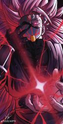 1boy absurdres black_gloves black_shirt bracer broken_mask commentary_request covered_collarbone covered_mouth covered_pectorals crackling_energy crimson-masked_saiyan dougi dragon_ball dragon_ball_heroes energy_ball gloves glowing glowing_eye goku_black highres imminent_attack long_hair looking_at_viewer looking_down male_focus mask muscular muscular_male no_eyebrows one_eye_covered pectorals pink_eyes pink_hair pisocarpa pixiv_username shirt signature solo spiked_hair super_saiyan super_saiyan_3 super_saiyan_rose time_breaker_mask upper_body