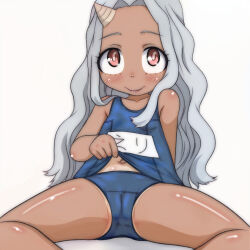 1girl arm_support barefoot blue_one-piece_swimsuit blue_school_swimsuit blush boku_no_hero_academia brown_eyes clothes_lift collarbone eri_(boku_no_hero_academia) flat_chest grey_hair horns loli long_hair looking_at_viewer name_tag navel one-piece_swimsuit one-piece_tan school_swimsuit single_horn sitting smile spread_legs swimsuit swimsuit_lift t_jiroo_(ringofriend) tan tanline white_background