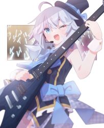 1girl ;d ahoge black_shirt black_skirt blue_bow blue_bowtie blue_eyes blush bow bow_skirt bowtie concert cowboy_shot electric_guitar glowstick grey_hair guitar hair_between_eyes hat hat_bow headset highres holding holding_instrument idol idol_clothes instrument looking_at_viewer medium_hair microphone music one_eye_closed open_mouth original playing_instrument plectrum satoh_vrc shirt skirt sleeveless sleeveless_shirt smile solo stage top_hat vrchat white_background white_hair wrist_cuffs