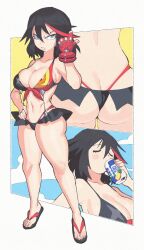1girl adapted_costume ass bikini bikini_skirt black_hair blue_eyes breasts butt_crack can commentary drink_can drinking gloves hand_on_own_hip highres inkerton-kun kill_la_kill large_breasts matoi_ryuuko multicolored_hair multiple_views navel outside_border red_gloves sandals senketsu short_hair single_glove skindentation streaked_hair swimsuit