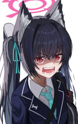 1girl absurdres angry animal_ear_fluff animal_ears backlighting bag black_gloves black_hair black_jacket blue_archive blue_necktie cat_ears cat_girl check_commentary collared_shirt commentary_request fangs fujiwara_haru_(nekonote) gloves hair_between_eyes hair_intakes halo highres jacket long_hair looking_at_viewer necktie open_mouth pink_halo red_eyes school_uniform serika_(blue_archive) shaded_face shirt shoulder_bag simple_background slit_pupils solo straight_hair teeth twintails upper_body v-shaped_eyebrows white_background white_shirt