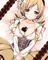 Rule 34 | 10s, 1girl, areola slip, bad id, bad pixiv id, between breasts, blonde hair, blouse, blush, breasts, candy, chocolate, chocolate heart, chocolate on body, chocolate on breasts, cleavage, corset, detached sleeves, drill hair, female focus, food, food on body, hands on lap, hat, heart, large breasts, long hair, looking at viewer, lying, magical girl, mahou shoujo madoka magica, mahou shoujo madoka magica (anime), neck ribbon, on back, open clothes, open shirt, own hands together, photoshop (medium), pleated skirt, puffy sleeves, ribbon, seductive smile, shirt, skirt, smile, solo, tomoe mami, tomoe mami (magical girl), twin drills, twintails, undone neck ribbon, v arms, yellow eyes, yellow neckwear, yuki usagi