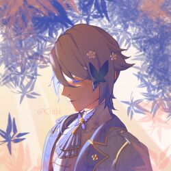 1boy ascot blue_ascot blue_hair blue_jacket bug butterfly_hair_ornament chiblpic closed_eyes closed_mouth commentary english_commentary flower genshin_impact hair_between_eyes hair_flower hair_ornament highres jacket kamisato_ayato leaf male_focus mole mole_under_mouth shirt short_hair solo white_shirt