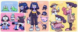 3girls absurdres black_hair black_jacket black_pants breasts brown_hair cleavage colored_sclera colored_skin cup drinking_straw earrings english_text frog glasses hair_bun highres holding holding_cup jacket jewelry large_breasts looking_at_viewer mama_(punch_punch_forever!) matsumoto_gogo matsumoto_nono mole mole_under_eye multiple_girls open_mouth pants parted_lips punch_punch_forever! purple_lips purple_skin red_lips red_nails round_eyewear sharp_teeth shoes short_hair smile sneakers speedoru teeth tongue tongue_out unzipped white_footwear yellow_sclera zipper zipper_pull_tab