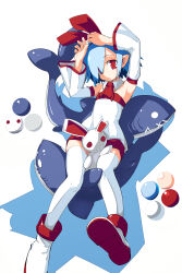 1girl absurdres ascot blue_hair boots bow color_guide detached_collar detached_sleeves disgaea dress hair_over_one_eye highres looking_at_viewer lying parted_lips platinum_(mantafriend) pleinair pointy_ears red_ascot red_bow red_eyes simple_background solo strapless strapless_dress stuffed_animal stuffed_rabbit stuffed_shark stuffed_toy thighhighs white_background white_boots white_thighhighs