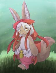 1other androgynous bow commentary_request cookie_(touhou) cosplay full_body furry grass green_background hair_bow hakurei_reimu hakurei_reimu_(cosplay) highres horizontal_pupils looking_at_viewer made_in_abyss nanachi_(made_in_abyss) nanariku open_mouth pink_shorts red_bow sananana_(cookie) sananana_(cookie)_(cosplay) short_hair shorts smile solo standing topless_other touhou white_hair yellow_eyes