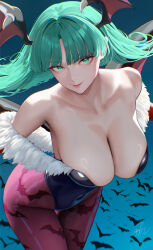 1girl animal_print bare_shoulders bat_(animal) bat_print black_leotard breasts cleavage closed_mouth collarbone darkstalkers demon_girl fur_trim green_eyes green_hair head_wings highres large_breasts leotard long_hair looking_at_viewer morrigan_aensland pantyhose purple_pantyhose signature simple_background smile solo thighs wings yamaneko_(tkdrumsco)
