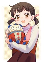 1girl blunt_bangs blush blush_stickers border bow brown_eyes brown_hair child commentary_request doujima_nanako dress hair_bow highres holding kanna_nijiniji kuma_(persona_4) long_sleeves looking_at_viewer medium_hair multicolored_dress open_mouth persona persona_4 pink_bow pink_dress polka_dot polka_dot_background sweater teeth turtleneck turtleneck_sweater twintails upper_body upper_teeth_only white_border white_sweater