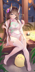 1girl absurdres azur_lane branch breasts brown_hair cleavage closed_mouth collarbone feather_boa flower garter_straps grey_eyes hair_flower hair_ornament hair_stick highres horns leotard long_hair manjuu_(azur_lane) medium_breasts nanoda002_(saber427) night noshiro_(azur_lane) oni oni_horns pink_ribbon purple_flower ribbon see-through_clothes see-through_cleavage sitting solo thighhighs white_leotard white_thighhighs