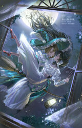 2girls absurdres artist_name asymmetrical_bangs black_hair black_shoes blue_brooch book broom broom_riding brown_eyes brown_hair chinese_commentary commentary_request dress eye_contact floating_hair frilled_dress frills full_moon gem glasses green_gemstone green_hat hat highres holding holding_book hug isolde_(reverse:1999) kakania_(reverse:1999) kerosene_lamp light_particles looking_at_another monocle moon multiple_girls night red_shoes reverse:1999 round_eyewear semi-rimless_eyewear shoes twitter_username two-tone_dress under-rim_eyewear volcanoyyy waist_hug white_dress witch_hat yellow-framed_eyewear yuri
