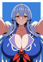 1girl absurdres anime_coloring blue_background blue_dress blue_hair blush border bow breasts cleavage dress highres huge_breasts kamishirasawa_keine long_hair looking_at_viewer no_headwear pov reaching reaching_towards_viewer red_eyes ribbon simple_background smile solo ssaf_seibeupail touhou white_border