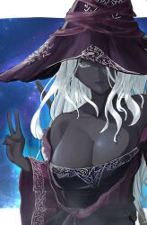 1girl absurdres black_skin breasts colored_eyelashes colored_skin dark_skin elden_ring elden_ring_nightreign hat hat_over_eyes highres large_breasts large_hat long_hair nakaon purple_hat purple_sleeves recluse_(elden_ring) v very_dark_skin white_eyelashes white_hair witch witch_hat wooden_staff