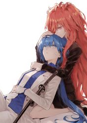 2girls akuma_no_riddle alternate_hairstyle azuma_tokaku bandages blue_eyes blue_hair formal_clothes head_hug hug hug_from_behind ichinose_haru katana long_hair looking_at_another lying_on_person minakata_sunao multiple_girls necktie aged_up red_eyes red_hair sitting smile suit sword tagme very_long_hair weapon yuri