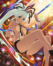 1girl absurdres animal_ears bare_shoulders between_breasts black_eyes black_necktie black_ribbon black_shoes black_shorts blue_ribbon blush body_blush breasts checkered_floor cleavage dark-skinned_female dark_skin detached_collar fake_animal_ears floor hair_intakes hair_ribbon high_heels high_ponytail highres holding holding_ribbon indoors large_breasts lens_flare light_particles long_hair looking_at_viewer naked_suspenders navel necktie necktie_between_breasts official_art on_floor orange_ribbon polka_dot_necktie ponytail rabbit_ears revealing_clothes ribbon senran_kagura senran_kagura_new_wave shoes short_shorts shorts sidelocks sitting smile solo sparkle suspenders tile_floor tiles very_long_hair white_hair white_wrist_cuffs wrist_cuffs yaegashi_nan yuyaki_(senran_kagura)