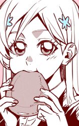 1girl bleach bread buttons eating female_focus food food_in_mouth hair_ornament hairclip highres inoue_orihime jacket long_hair looking_at_viewer n_(nauki_11) teeth upper_teeth_only