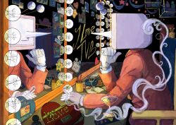 Rule 34 | 1boy, ant tenna, arms on table, ashtray, asriel dreemurr, box, box of chocolates, chair, cigarette, cluniies, crt, cup, deltarune, drinking glass, gloves, highres, holding, holding cigarette, jacket, kris (deltarune), light bulb, male focus, mirror, necktie, object head, on chair, photo (object), pointy nose, red jacket, reflection, sitting, smoke, smoke trail, solo, white gloves, yellow necktie