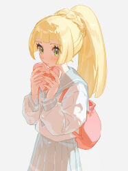 1girl absurdres bag blonde_hair blue_neckerchief blue_sailor_collar blue_skirt blush box box_of_chocolates closed_mouth fua1heyvot4ifsr green_eyes handbag heart-shaped_box highres lillie_(pokemon) long_hair long_sleeves neckerchief nintendo pleated_skirt pokemon pokemon_sm ponytail ponytail_with_braided_base sailor_collar school_uniform serafuku shirt simple_background skirt solo upper_body white_background white_shirt