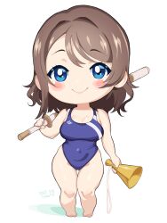 1girl barefoot blue_eyes blue_one-piece_swimsuit bokken breasts brown_hair commission competition_swimsuit covered_navel full_body highleg highleg_one-piece_swimsuit highres holding iroquoisdomi looking_at_viewer love_live! love_live!_sunshine!! medium_breasts megaphone one-piece_swimsuit short_hair simple_background smile solo swimsuit sword thigh_gap thighs watanabe_you weapon white_background wooden_sword