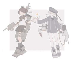Rule 34 | black neckerchief, black ribbon, black socks, blue dress, blue hat, blue sailor collar, blue socks, brown sailor collar, brown skirt, closed mouth, dress, hair ribbon, haruta (hrtco), hat, high five, holding, kantai collection, long sleeves, multiple girls, neckerchief, ponytail, ribbon, rigging, sailor collar, school uniform, serafuku, shikinami (kancolle), short hair, short sleeves, simple background, skirt, socks, standing, star (symbol), two-tone background, z1 leberecht maass (kancolle)