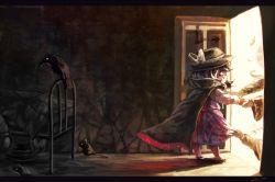 1girl bed bird bow brown_eyes brown_hair cape crow death dual_persona glasses hat hat_bow hijiri_byakuren image_sample komeiji_koishi koto_inari kumoi_ichirin mouse_(animal) nazrin raven sleeping touhou usami_sumireko