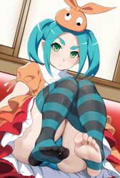 Rule 34 | 1girl, absurdres, aqua hair, aqua thighhighs, blue panties, closed mouth, dress, feet up, googly eyes, green eyes, harutoyumaarts, hat, highres, indoors, knees up, looking at viewer, monogatari (series), ononoki yotsugi, orange dress, orange hat, panties, pointy ears, solo, striped clothes, striped thighhighs, thick eyebrows, thighhighs, twintails, underwear