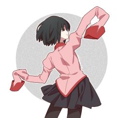 Rule 34 | 1girl, arm up, black eyes, black hair, black skirt, bob cut, closed mouth, commentary request, cowboy shot, empty eyes, from behind, highres, long sleeves, looking at viewer, looking back, manimani (mani ma), miniskirt, monogatari (series), oshino ougi, pale skin, pantyhose, pink shirt, pleated skirt, profile, shirt, short hair, simple background, skirt, sleeves past fingers, sleeves past wrists, smile, solo, standing, very long sleeves