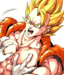 2boys abs angry black_vest blonde_hair collarbone cropped_vest dragon_ball dragon_ball_super dragon_ball_super_broly gloves gogeta green_eyes hands_on_another&#039;s_chest highres looking_at_another loose_hair_strand male_focus medium_hair metamoran_vest multiple_boys muscular muscular_male no_shirt open_clothes open_mouth open_vest pectoral_cleavage pectoral_grab pectorals shirtless_male simple_background spiked_hair super_saiyan sweatdrop trait_connection upper_body vegetto vest white_background white_gloves yaoi