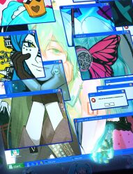 Rule 34 | 1girl, aqua hair, blue eyes, blue hair, butterfly ornament, commentary, cursor, desktop (computing), english commentary, error message, green eyes, green hair, hatsune miku, head rest, hibikase (vocaloid), highres, hologram, icon (computing), internet explorer, koi wa sensou (vocaloid), magnet (vocaloid), matryoshka (vocaloid), microsoft paint (software), microsoft windows, mikumikudance, multicolored eyes, multiple views, romeo to cinderella (vocaloid), salukipop, senbonzakura (vocaloid), shinkai shoujo (vocaloid), shoulder tattoo, smile, song name, taskbar, tattoo, two-tone eyes, vocaloid, window (computing), windows media player, windows xp, world is mine (vocaloid), yellow eyes