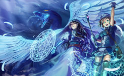 Rule 34 | 2girls, arm up, bad id, bad pixiv id, bag, black hair, blue eyes, blue theme, brown hair, creature, fantasy, glasses, gloves, green eyes, hat, hexagram, highres, iceojin, oversized wings, long hair, magic circle, multiple girls, pixiv fantasia, pixiv fantasia 5, short hair, staff, wings