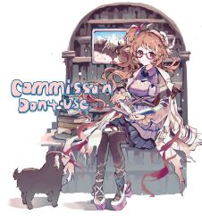 1girl animal animal_ears arknights black_pantyhose black_skirt black_thighhighs book book_stack breasts brown_hair closed_mouth collared_shirt commission english_text eyjafjalla_(arknights) glasses highres holding holding_book horns jacket jacket_on_shoulders layered_skirt littlefishtold long_hair looking_at_viewer medium_breasts open_book pantyhose picture_frame platform_shoes pleated_skirt purple_shirt red-framed_eyewear red_eyes semi-rimless_eyewear shadow sheep sheep_ears sheep_girl sheep_horns shirt shoes side_ponytail simple_background single_leg_pantyhose single_thighhigh sitting skirt solo thighhighs torn_clothes torn_jacket under-rim_eyewear very_long_hair white_background white_jacket white_shoes