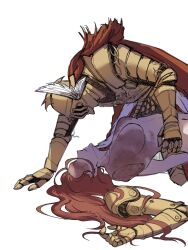 Rule 34 | 2girls, amputee, arched back, armor, breasts, cleanrot knight finlay, covered face, elden ring, full armor, helmet, highres, large breasts, long hair, malenia blade of miquella, malenia goddess of rot, mukuroqhq, multiple girls, no eyes, no nipples, pinned, plate armor, prosthesis, prosthetic arm, red hair, wavy hair, white background, winged helmet, yuri