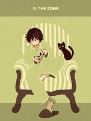 Rule 34 | ambiguous gender, black cat, black eyes, black hair, blending, brown slippers, cat, chair, controller, expressionless, full body, game controller, glasses, green background, green pajamas, green pants, green shirt, highres, holding, holding controller, holding game controller, looking at viewer, original, other focus, pajamas, pants, playing games, shirt, short hair, sitting, slippers, solo, syooooyoooo