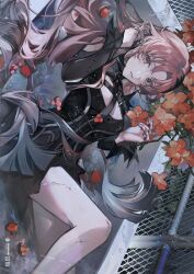 1girl bema_(sinsekai) black_dress breast_strap chain-link_fence character_name commentary_request copyright_name dress fence flower grey_nails hair_ornament heterochromia highres jewelry kamitsubaki_studio long_hair looking_at_viewer lying nail_polish official_art on_back orange_flower parted_bangs parted_lips pink_hair ring second-party_source sideways sinsekai_studio solo tsuta1218 very_long_hair virtual_youtuber water_drop