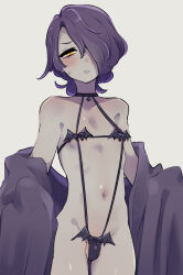 Rule 34 | 1boy, bat wings, black choker, black panties, black straps, blush, body blush, bow, bow panties, bulge, choker, cloak, cloaked hood, collarbone, colored skin, cookie run, cowboy shot, crossdressing, frown, furrowed brow, grey background, grey skin, hair over one eye, hair up, halloween dare succubus lingerie, halterneck, highres, hood, hood down, hooded cloak, humanization, indigo hair, jewelry, jitome, licorice cookie, long sleeves, looking at viewer, looking down, low ponytail, male focus, medium hair, navel, niwa (niwa827), off shoulder, off shoulder cloak, open cloak, open clothes, panties, parted bangs, penis in panties, ponytail, purple cloak, purple hair, removing cloak, revealing clothes, sidelocks, simple background, slingshot swimsuit, solo, standing, strap, sweatdrop, swimsuit, testicle peek, trap, underwear, unworn cloak, wings, yellow eyes