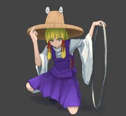 Rule 34 | 1girl, black shoes, blonde hair, brown hat, closed mouth, commentary request, full body, grey background, hair ribbon, hat, highres, long hair, long sleeves, looking at viewer, moriya&#039;s iron rings, moriya suwako, purple skirt, purple vest, red ribbon, ribbon, ritsuzou, shirt, shoes, skirt, skirt set, smile, socks, solo, squatting, touhou, vest, white shirt, white socks, wide sleeves, yellow eyes