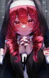 1girl bare_shoulders black_sleeves confession_to_sister_(synthesizer_v) cross cross_necklace detached_sleeves double-parted_bangs drill_hair facing_viewer fingernails hair_between_eyes highres interlocked_fingers jewelry kasane_teto nail_polish necklace nun own_hands_clasped own_hands_together r1phimia7lpc5vf red_eyes red_hair red_nails sister_teto smile synthesizer_v twin_drills utau