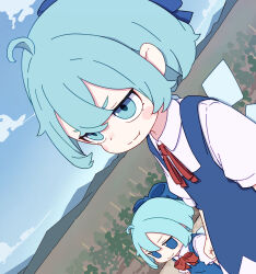 2girls absurdres aqua_eyes aqua_hair blue_dress cirno closed_mouth collared_shirt commentary_request day dress dutch_angle fang fumo_(doll) highres kame_(kamepan44231) mountainous_horizon multiple_girls neck_ribbon outdoors puffy_short_sleeves puffy_sleeves red_ribbon ribbon shirt short_hair short_sleeves skin_fang smile touhou white_shirt