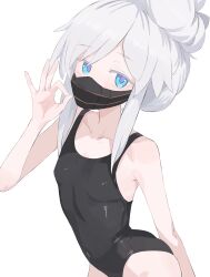 1girl absurdres bare_shoulders black_one-piece_swimsuit blue_eyes breasts collarbone commentary_request cowboy_shot deux_murasame fellatio_gesture gundam gundam_gquuuuuux highres laceys_es long_hair looking_at_viewer mask mouth_mask one-piece_swimsuit simple_background small_breasts solo swimsuit updo white_background white_hair