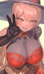 1girl absurdres black_gloves blush breasts brown_hair cleavage commentary_request dress fang gloves hat highres long_hair looking_at_viewer nijisanji nui_sociere nui_sociere_(8th_costume) see-through_cleavage see-through_clothes simple_background skin_fang smile solo ubo_(ubo_tales) v virtual_youtuber witch_hat yellow_background yellow_eyes