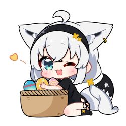 :3 animal_ear_fluff animal_ear_piercing animal_ears basket black_hairband black_shirt black_socks chibi chibi_only dohoon easter_egg egg fox_ears fox_girl fox_tail hairband heart highres hololive hugging_object loungewear low_twintails one_eye_closed shirakami_fubuki shirakami_fubuki_(loungewear) shirt side-tie_shirt single_off_shoulder sitting smile socks tail twintails virtual_youtuber