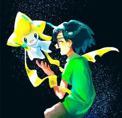 1boy :d black-framed_eyewear blush brown_pants commentary_request from_side gen_3_pokemon glasses green_hair green_shirt hand_up jirachi legendary_pokemon male_focus max_(pokemon) mythical_pokemon nintendo open_mouth pants pecohophop pokemon pokemon:_jirachi:_wish_maker pokemon_(anime) pokemon_(creature) pokemon_rse_(anime) shirt short_hair short_sleeves smile