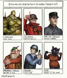 1girl 5boys absurdres armor barney_calhoun baseball_bat bulletproof_vest coat combat_helmet dark_souls_(series) executioner_smough full_armor glock gun half-life half-life_(series) half-life_1 handgun helmet highres holding holding_baseball_bat l_hand link:_the_faces_of_evil m1_helmet mae_borowski morshu multiple_boys multiple_drawing_challenge night_in_the_woods nintendo otto_von_hapsburg real_life red_coat six_fanarts_challenge soldier_(tf2) the_legend_of_zelda the_legend_of_zelda_(cd-i) trench_coat trigger_discipline weapon whaleoil
