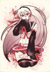 1girl arm_tattoo belt black_sailor_collar black_sleeves black_thighhighs cropped_legs halftone hand_up headphones highres holding holding_knife knife long_hair looking_at_viewer midriff navel open_mouth phobos-anomaly pink_belt pleated_skirt red_eyes red_skirt red_trim sailor_collar skirt sleeves_past_fingers sleeves_past_wrists solo sukone_tei tattoo thighhighs utau very_long_hair white_background white_hair wide_sleeves
