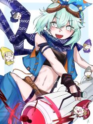 1girl bandeau belt black_bandeau blue_ribbon blue_scarf blue_shorts blue_vest blush breasts brown_gloves chaps cropped_vest crossed_bangs fate/grand_order fate_(series) fingerless_gloves gloves goggles goggles_on_head green_eyes green_hair hair_between_eyes hair_ribbon highres horns looking_at_viewer louhi_(fate) louhi_(fgo_fes._2025)_(fate) navel open_mouth ribbon scarf sharp_teeth short_hair short_shorts shorts sidelocks small_breasts smile suspenders teeth thighs tonttu_(fate) tricky-tricky vest