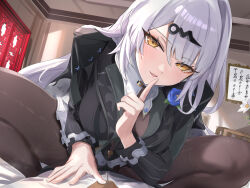 1boy 1girl black_pantyhose black_shirt black_unitard blush bodystocking breasts commentary_request finger_to_mouth flower_on_chest grey_hair indoors large_breasts leaning_forward long_hair looking_at_viewer open_mouth pantyhose pov shirt straddling sweatdrop tomas_(kaosu22) yellow_eyes yixuan_(trails_of_ink)_(zenless_zone_zero) yixuan_(zenless_zone_zero) zenless_zone_zero
