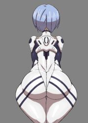 Rule 34 | 1girl, adapted costume, ass, ass focus, ayanami rei, back, blue hair, bodysuit, butt crack, curvy, grey background, highres, huge ass, impossible bodysuit, impossible clothes, legs together, mecha pilot suit, n00b0d1, neon genesis evangelion, plugsuit (evangelion), plump, shiny clothes, short hair, simple background, skin tight, skindentation, solo, standing, steaming body, thick thighs, thighs, white bodysuit, wide hips