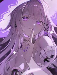 1girl ame_shizuri. bare_shoulders black_background black_choker black_dress breasts choker cleavage clenched_teeth detached_sleeves dress finger_to_mouth grey_hair hat herta_(honkai:_star_rail) highres honkai:_star_rail honkai_(series) long_hair looking_ahead medium_breasts purple_eyes purple_hat purple_nails solo strapless strapless_dress teeth the_herta_(honkai:_star_rail) upper_body witch_hat
