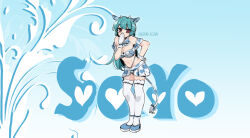 Rule 34 | 1girl, an sin, animal print, blue background, blue hair, blue shoes, blue skirt, blue theme, breasts, character name, cleavage, colored skin, commentary, cow ear hairband, cow print, gloves, hand on own hip, heart, high school dxd, highleg, highleg panties, highres, large breasts, long hair, looking at viewer, mahou shoujo ni akogarete, minakami sayo, multicolored skin, panties, print shirt, print skirt, red eyes, shirt, shoes, skirt, smile, solo, thighhighs, two-tone shirt, two-tone skin, underwear, white gloves, white skirt, white thighhighs
