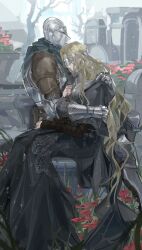 1girl 1other absurdres ambiguous_gender armor ashen_one_(dark_souls) bare_tree black_capelet black_robe blindfold blonde_hair breastplate capelet covered_eyes covered_face dark_souls_(series) dark_souls_iii day elbow_pads expressionless fire_keeper flower full_armor full_body gauntlets grass greaves green_capelet hand_on_own_chest hands_on_another&#039;s_back helm helmet highres hug lace-trimmed_capelet lace_trim long_hair long_sleeves nslacka outdoors poppy_(flower) profile red_flower robe sitting sleeves_past_wrists tombstone tree wavy_hair